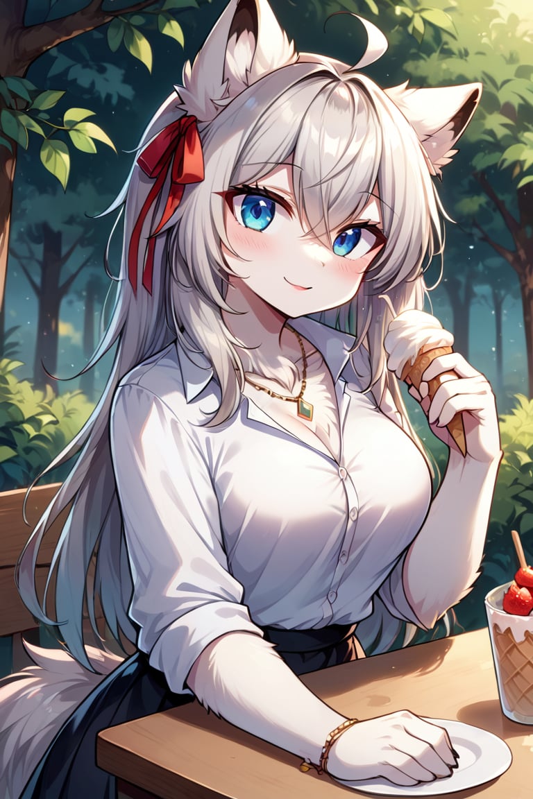 MegaFluffyPony, anthro, furry, fluffy,  score_9, score_8_up, 1girl, masterpiece, holding, !, solo, !!, ice cream, looking at viewer, alisa mikhailovna, long hair, grey hair, blue eyes, hair between eyes, hair ribbon, red ribbon, crossed bangs, ahoge, skirt, shirt, necklace, outdoors, sit, table, 