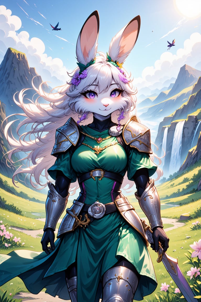 In a vibrant and magical fantasy world, an AFG furry anthro rabbit girl stands boldly, embracing her unique identity as a fierce warrior. Clad in intricately designed armor that gleams in hues of deep emerald and shimmering silver, she embodies both strength and agility. The armor is adorned with delicate engravings of ancient runes and floral patterns, hinting at her connection to nature and the magical forces of her realm. Her long, floppy ears perk up, revealing tufts of soft, silvery fur that contrast with the metallic sheen of her protective gear. Wisps of lavender and lilac decorate her fur, glinting in the warm light of a radiant sun filtering through fluffy, cotton-like clouds above. A pair of piercing sapphire eyes glisten with determination and curiosity, reflecting the vibrant landscape surrounding her. Behind her is a fantastical backdrop: a sprawling meadow dotted with luminescent blossoms and tall grasses swaying gently in the breeze. In the distance, majestic mountains rise, their peaks cloaked in a misty veil, while cascading waterfalls spill into crystal-clear pools below, creating a soothing sound that harmonizes with the gentle rustle of leaves. Brightly colored birds flit playfully through the sky, their melodic chirps mingling with the earthy scent of blooming wildflowers. With her trusty sword at her side, its blade shimmering with a faint magical aura, she stands poised and ready for adventure. Each segment of her armor is meticulously crafted for fluid motion, allowing her to swiftly navigate the enchanting world she defends. An unmistakable spirit of courage emanates from her, as she looks out over the horizon, eager to embark on her next quest, protecting her homeland from the lurking shadows of darkness.