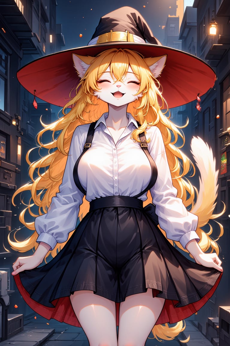 a fantastical and explicit scene featuring a blonde, female anthropomorphic cat character wearing a witch's hat. She appears to be in a state of arousal and ecstasy, with her eyes closed and a look of intense pleasure on her face.