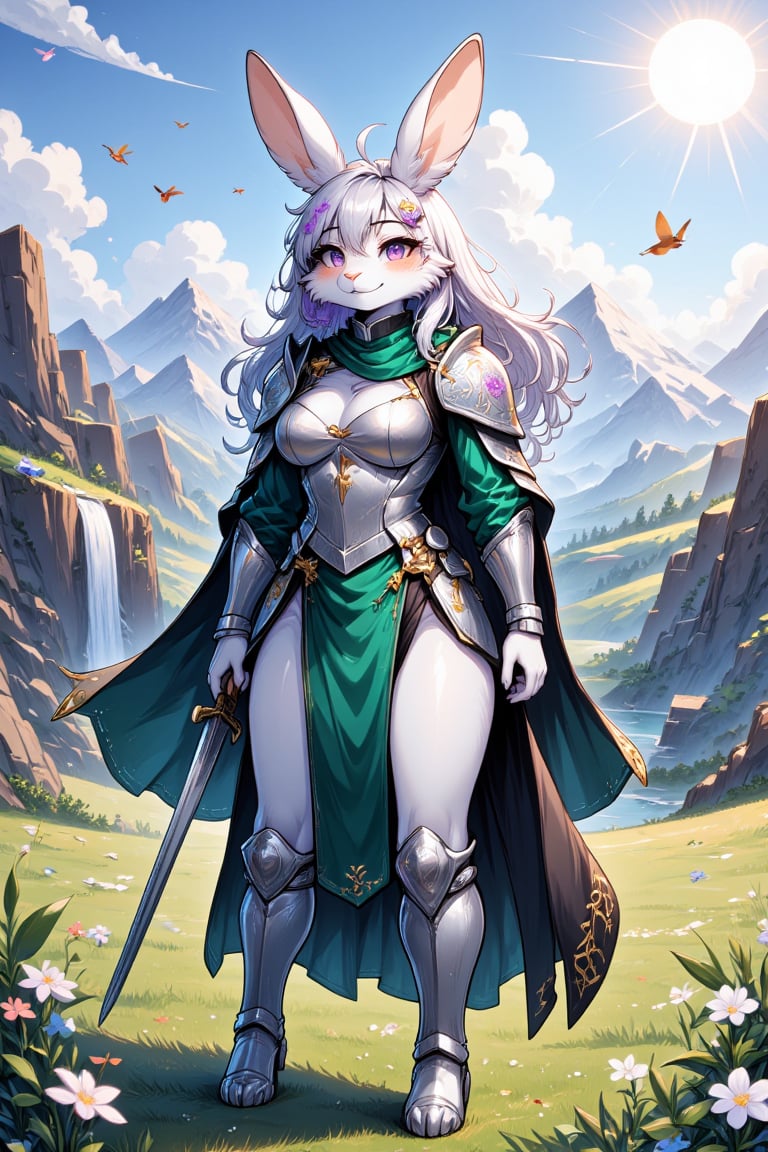 In a vibrant and magical fantasy world, an AFG furry anthro rabbit girl stands boldly, embracing her unique identity as a fierce warrior. Clad in intricately designed armor that gleams in hues of deep emerald and shimmering silver, she embodies both strength and agility. The armor is adorned with delicate engravings of ancient runes and floral patterns, hinting at her connection to nature and the magical forces of her realm. Her long, floppy ears perk up, revealing tufts of soft, silvery fur that contrast with the metallic sheen of her protective gear. Wisps of lavender and lilac decorate her fur, glinting in the warm light of a radiant sun filtering through fluffy, cotton-like clouds above. A pair of piercing sapphire eyes glisten with determination and curiosity, reflecting the vibrant landscape surrounding her. Behind her is a fantastical backdrop: a sprawling meadow dotted with luminescent blossoms and tall grasses swaying gently in the breeze. In the distance, majestic mountains rise, their peaks cloaked in a misty veil, while cascading waterfalls spill into crystal-clear pools below, creating a soothing sound that harmonizes with the gentle rustle of leaves. Brightly colored birds flit playfully through the sky, their melodic chirps mingling with the earthy scent of blooming wildflowers. With her trusty sword at her side, its blade shimmering with a faint magical aura, she stands poised and ready for adventure. Each segment of her armor is meticulously crafted for fluid motion, allowing her to swiftly navigate the enchanting world she defends. An unmistakable spirit of courage emanates from her, as she looks out over the horizon, eager to embark on her next quest, protecting her homeland from the lurking shadows of darkness.