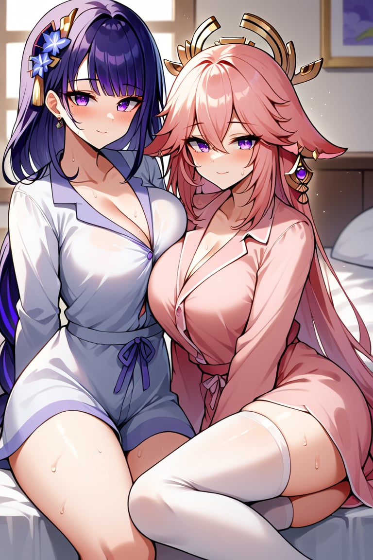 score_9, score_8_up, masterpiece, 2girls, yae miko, pink hair, sitting, curvy, purple hair, blush, thighhighs, earrings, hair ornament, lying on side, genshin impact, raiden shogun, fox ears, long hair, very long hair, pajamas, big breasts, female only, purple eyes, looking at viewer, fox girl, female, bangs, indoors, sweating, sweat, sweatdrop, heavy sweating, seductive smile, 