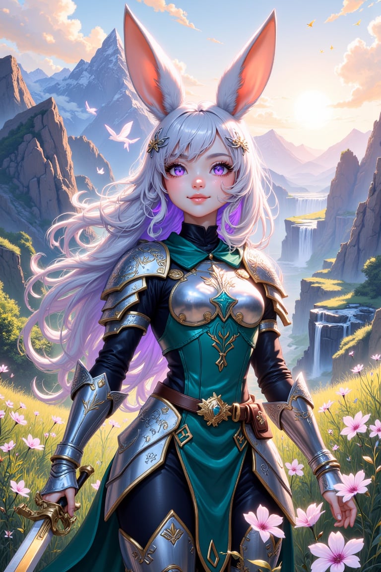 In a vibrant and magical fantasy world, an AFG furry anthro rabbit girl stands boldly, embracing her unique identity as a fierce warrior. Clad in intricately designed armor that gleams in hues of deep emerald and shimmering silver, she embodies both strength and agility. The armor is adorned with delicate engravings of ancient runes and floral patterns, hinting at her connection to nature and the magical forces of her realm. Her long, floppy ears perk up, revealing tufts of soft, silvery fur that contrast with the metallic sheen of her protective gear. Wisps of lavender and lilac decorate her fur, glinting in the warm light of a radiant sun filtering through fluffy, cotton-like clouds above. A pair of piercing sapphire eyes glisten with determination and curiosity, reflecting the vibrant landscape surrounding her. Behind her is a fantastical backdrop: a sprawling meadow dotted with luminescent blossoms and tall grasses swaying gently in the breeze. In the distance, majestic mountains rise, their peaks cloaked in a misty veil, while cascading waterfalls spill into crystal-clear pools below, creating a soothing sound that harmonizes with the gentle rustle of leaves. Brightly colored birds flit playfully through the sky, their melodic chirps mingling with the earthy scent of blooming wildflowers. With her trusty sword at her side, its blade shimmering with a faint magical aura, she stands poised and ready for adventure. Each segment of her armor is meticulously crafted for fluid motion, allowing her to swiftly navigate the enchanting world she defends. An unmistakable spirit of courage emanates from her, as she looks out over the horizon, eager to embark on her next quest, protecting her homeland from the lurking shadows of darkness.