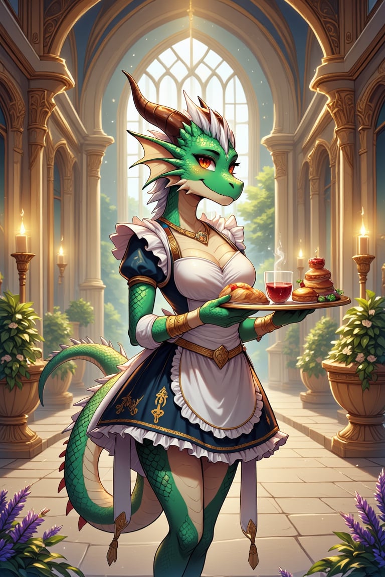 In the opulent halls of a grand and ancient castle, a striking female dragonborn stands elegantly in a delicately embroidered maid outfit, the fabric shimmering in shades of deep emerald and silver. Her scaly skin glistens like polished jade under the soft glow of ornate chandeliers, each scale reflecting a kaleidoscope of colors that dances across the polished marble floor. With large, expressive eyes that convey both mischief and warmth, she carefully balances a silver tray filled with an assortment of pastries and steaming cups of herbal tea, the aroma of fresh lavender wafting through the air, inviting and calming. Intricate patterns of lace trim her short skirt, which flares gently as she moves, revealing soft, furry accents on her arms and tail that provide a playful contrast to her otherwise regal appearance. The castle is bustling with life around her—gilded walls adorned with majestic tapestries tell tales of epic adventures, while the faint hum of chatter from elegant guests mingles with the soft sound of classical music drifting in the background. Flickering candles cast a warm, romantic glow, illuminating the intricate details of the stone architecture and the enchanting decor that makes this place feel like a realm from a fantastical RPG. . RPG, Fluxxy, Fluffy, , DragonToonFlux, scales, dragon anthro