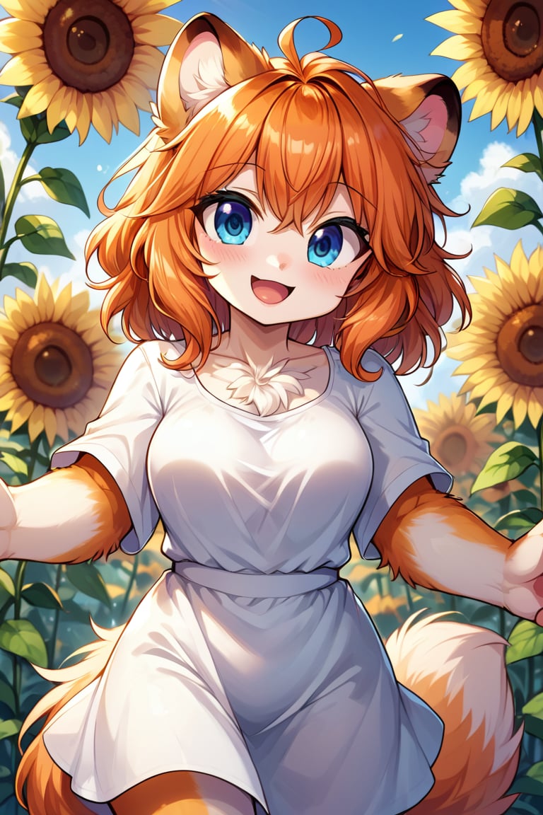 MegaFluffyPony, furry, fluffy, score_9, score_8_up, 1girl, masterpiece, animal girl, hamster ears, orange hair, blue eyes, sunflowers field, happy, open arms,