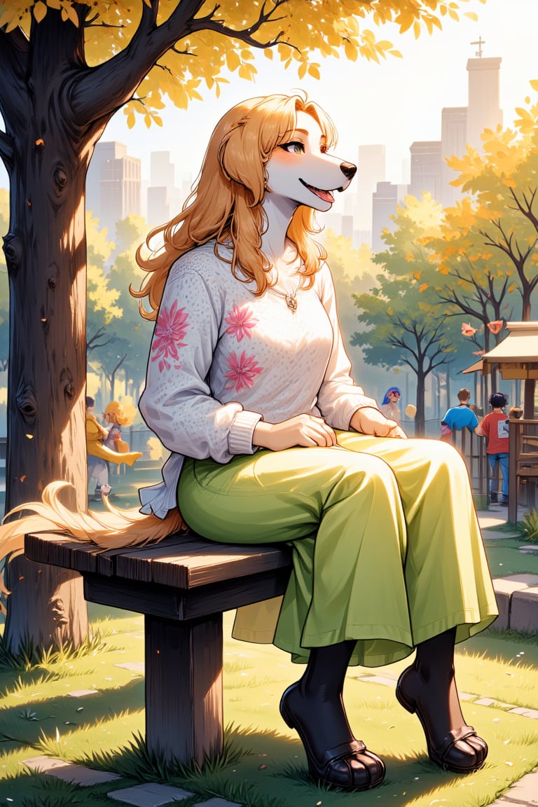 In a lively park bathed in the warm glow of the afternoon sun, a charming anthro female furry golden retriever perches gracefully on a weathered wooden bench. Her soft, golden fur glistens under the sunlight, giving her an almost ethereal glow. Dressed in a cozy, knitted pastel sweater adorned with delicate floral patterns, she exudes warmth and comfort. Below, a cheerful, flared skirt in vibrant shades of green sways gently as a soft breeze rustles through the nearby trees, their leaves shimmering like emeralds. Around her, the park is alive with vibrant energy; children’s laughter bubbles up from a nearby playground, and the faint rustling of leaves creates a soothing backdrop. The sweet scent of blooming flowers mingles with the fresh aroma of the grassy earth, eliciting a sense of serenity. She gazes out at the scene with bright, expressive eyes filled with contentment, occasionally glancing at the colorful birds flitting about in the trees, their chirps adding to the symphony of nature. A gentle breeze tousles her fur, inviting a playful smile to dance across her lips as she enjoys the perfect afternoon.AFG,