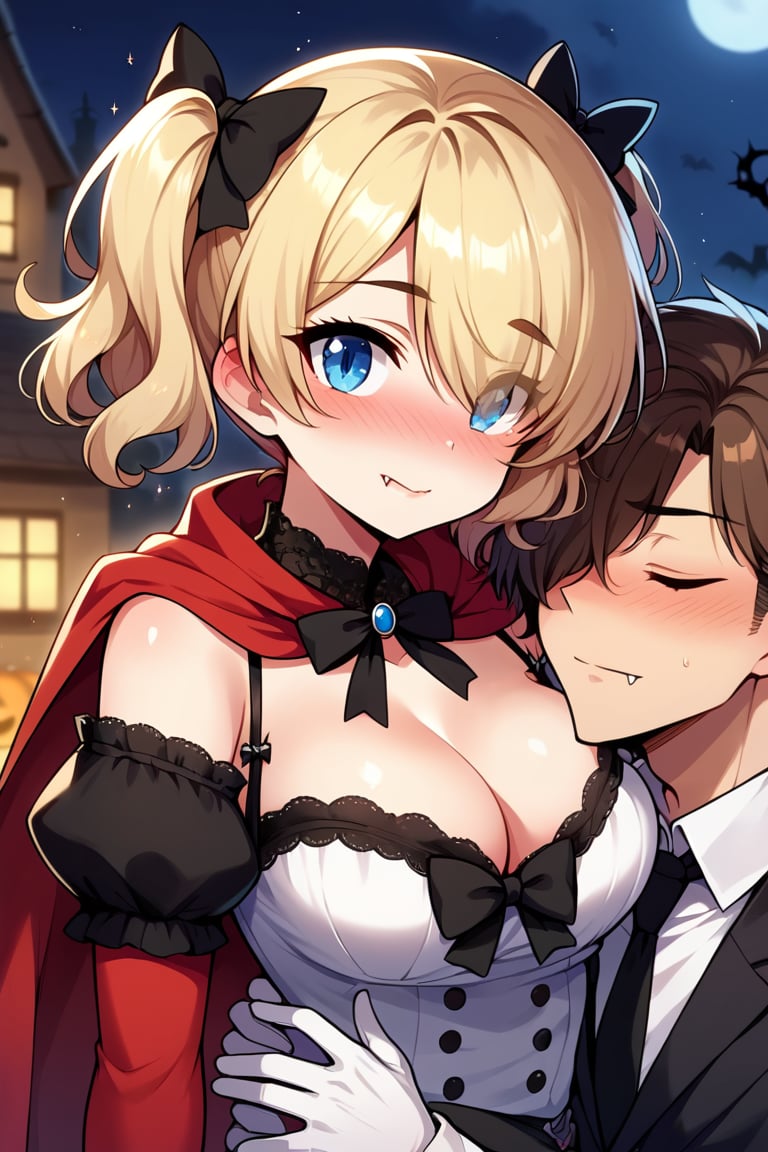 score_9, score_8_up, 1girl, masterpiece, curly eyebrows, bow, black bow, neck, short hair,  twintails,  vampire, breasts, 1boy, blonde hair, cleavage, sparkle, shirt, fangs, halloween, cape, hair over one eye, collarbone, brown hair, hetero, dress, white gloves, black dress, long sleeves, facial hair,  puffy sleeves, charlotte pudding, blue eyes, lips, full-face blush, closed mouth, blush, gloves, arm around waist, 