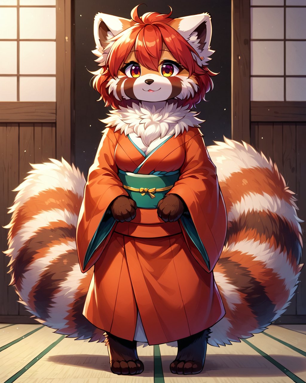 score 9, score 8 up, 1girl, solo, masterpiece, megafluffypony, fluffy, furry, kemono, feral, biped feral, standing, red panda, kimono