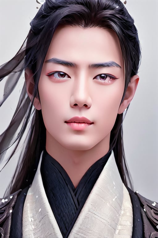 Generate a stunning high-resolution masterpiece featuring a young Chinese man exuding serenity. The dark background contrasts beautifully with his traditional hanfu, creating a sense of timeless elegance. His long black hair is styled immaculately, framing his cute face, and his ruifeng eyes are the focal point—almond-shaped with a subtle upward tilt, gleaming in the dim light and radiating calmness and depth. The inner corners of his eyes are rounded, while the outer edges slant gently downward before ending with an upward tilt. His groomed eyebrows add definition to his serene gaze.

His straight nose and full, rounded lips, complete with a cupid's bow and a slightly shorter lower lip compared to the plump upper lip, enhance his overall cuteness. His eyes, slightly larger and positioned a bit lower on his face, give him a youthful appearance, further emphasized by the deep philtrum that is slightly pointed upwards, which moderates the visual length of his face.

This portrait should capture the rare, demure beauty and natural cuteness of the subject. In addition to the hanfu, include elements of ancient Chinese armor to add a layer of historical depth and cultural richness to the artwork. The intricate details of the armor should contrast with the soft features of his face, creating a harmonious blend of strength and gentleness.