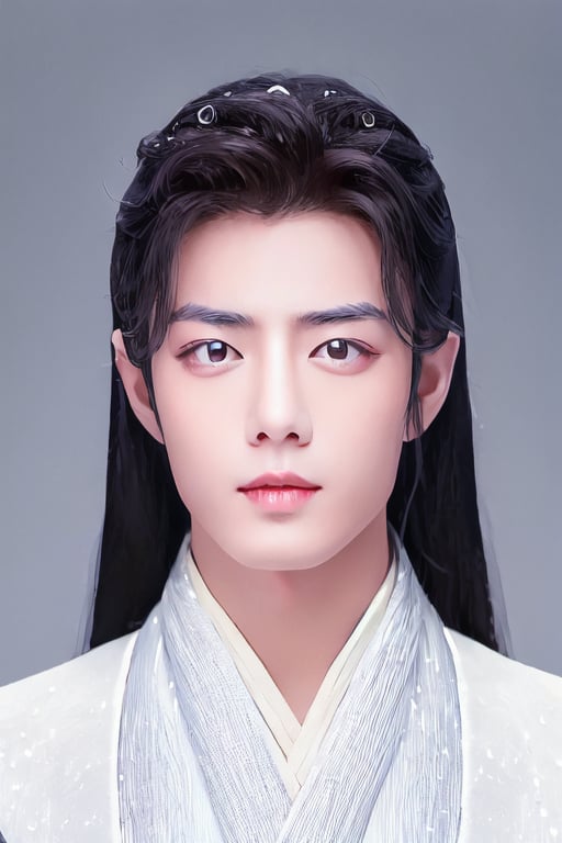 Generate a stunning high-resolution masterpiece featuring a young Chinese man exuding serenity.  dark background.wearing hanfu. His long black hair is styled immaculately, framing his cute face. 
Focus on his ruifeng eyes, which are almond-shaped with a subtle upward tilt, gleaming in the dim light and radiating calmness and depth. The inner corners of his eyes are rounded, while the outer edges slant gently downward before ending with an upward tilt. His eyebrows are groomed and add definition to his gaze.
Depict his straight nose and full rounded lips, with a cupid's bow and a lower lip that is a little shorter than the plumpier upper lip, featuring a small mole underneath, making him appear cute. His eyes are slightly larger and positioned a bit lower on his face, giving him a youthful appearance. Emphasize the deep philtrum that is slightly pointed upwards, moderating the visual length of his face. This portrait should capture the rare, demure beauty and natural cuteness of the subject.,1boy,print robe