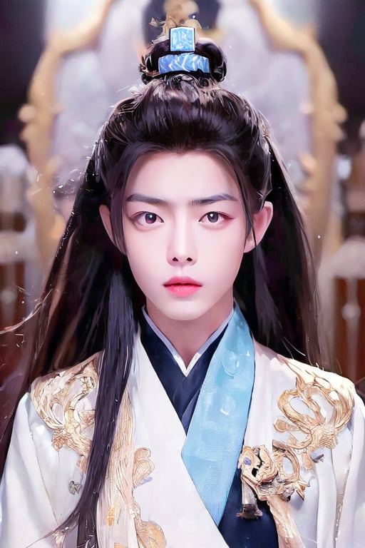 Generate a stunning high-resolution masterpiece featuring a young Chinese man exuding serenity.  dark background.wearing hanfu. His long black hair is styled immaculately, framing his cute face. 
Focus on his ruifeng eyes, which are almond-shaped with a subtle upward tilt, gleaming in the dim light and radiating calmness and depth. The inner corners of his eyes are rounded, while the outer edges slant gently downward before ending with an upward tilt. His eyebrows are groomed and add definition to his gaze.
 straight nose and full rounded lips, with a cupid's bow and a lower lip that is a little shorter than the plumpier upper lip, making him appear cute. His eyes are slightly larger and positioned a bit lower on his face, giving him a youthful appearance. Emphasize the deep philtrum that is slightly pointed upwards, moderating the visual length of his face. This portrait should capture the rare, demure beauty and natural cuteness of the subject.,1boy,print robe,xuer Ancient Chinese armor,More Detail,Chibi