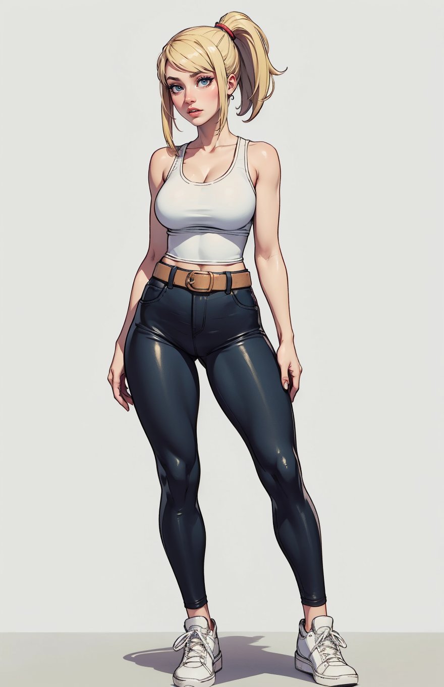 (masterpiece, best quality) 1.5, 1girl, solo, (sexy, beautiful woman, perfect face, perfect eyes), samus aran, leather legging pants with belt, white tank top with neckline, white sneakers, (blue eyes, blonde hair, ponytail), simple_background, full body, perfect body,dabuFlatMix_v10.safetensors