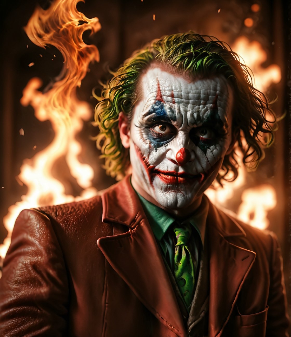 Joker risen from the ashes, sparks, 8k, hd, contour light, high contrast, depth of field, ultra detail, photorealism, cinematography, gigantism, from the first person, lots of details, dark tone, bokeh, epic frame, super realistic texture