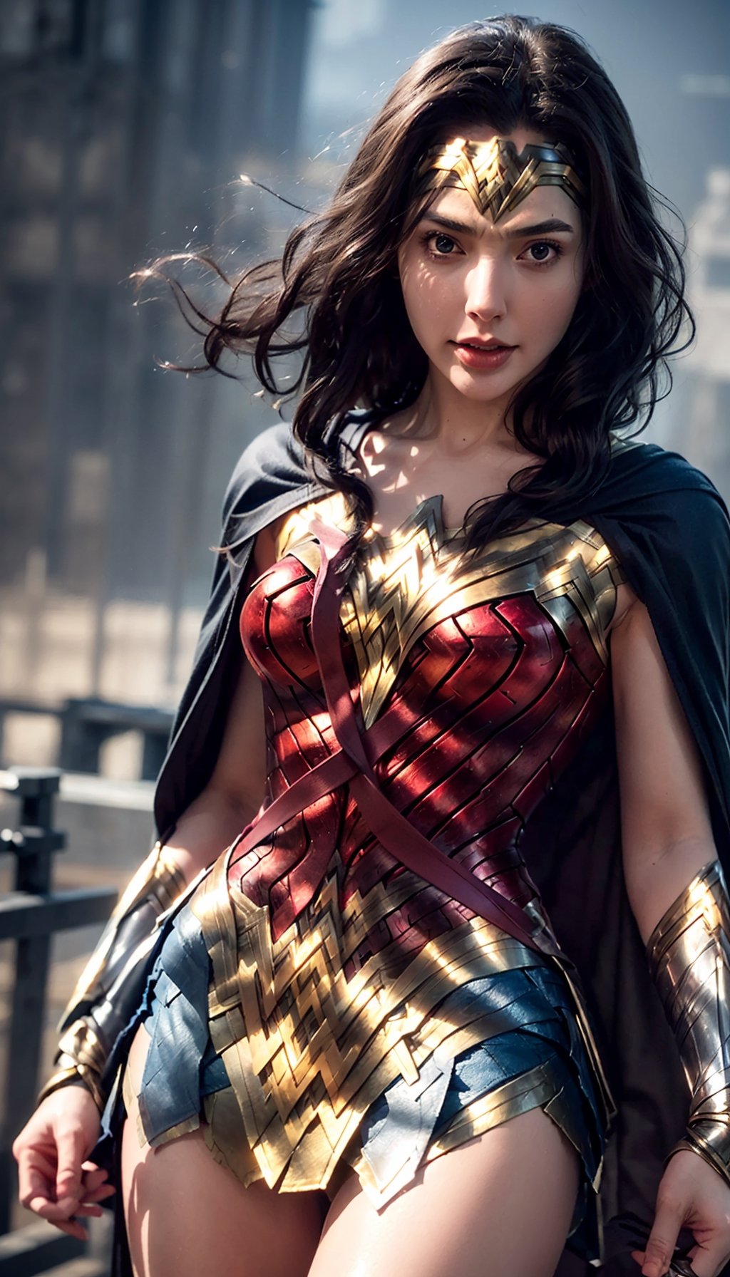 (stunning masterpiece, 8k, raw, (ultra realistic), colorful, eyes, dynamic angle, highest detailed) ,(Wonder Woman:1.4), 28yo, surprised look, (torned clothes:1.7, ripped clothes:1.7), cowboy shot, dark blonde hair, studio fashion long hair, detailed wonder woman suit, skirt lift, show red lingerie, (high resolution textures), dynamic pose, (long long cape), (intricate details, hyperdetailed:1.15), detailed, (fantasy background), (official art, extreme detailed, highest detailed), HDR+, in midair overlooking downtown, ,photorealistic,girl,fire,sks woman,skirt_lift