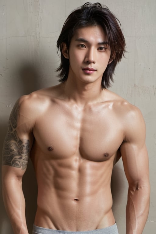 , thin ripped guy, casual, perfect focus, masculine, high resolution picture, hairy arms, low waist short underwear, young, muscles chest, 18 years old, full arms with tattoo, Asian, long hair,more saturation ,Extremely Realistic