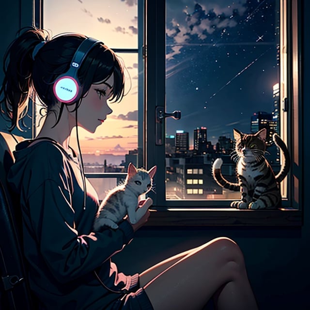 an indoor scene at dusk,with a deep blue sky and twinkling stars,a girl with a ponytail and a kitten sitting facing the window,looking outside.the girl is wearing headphones and listening to music,lofi,girl