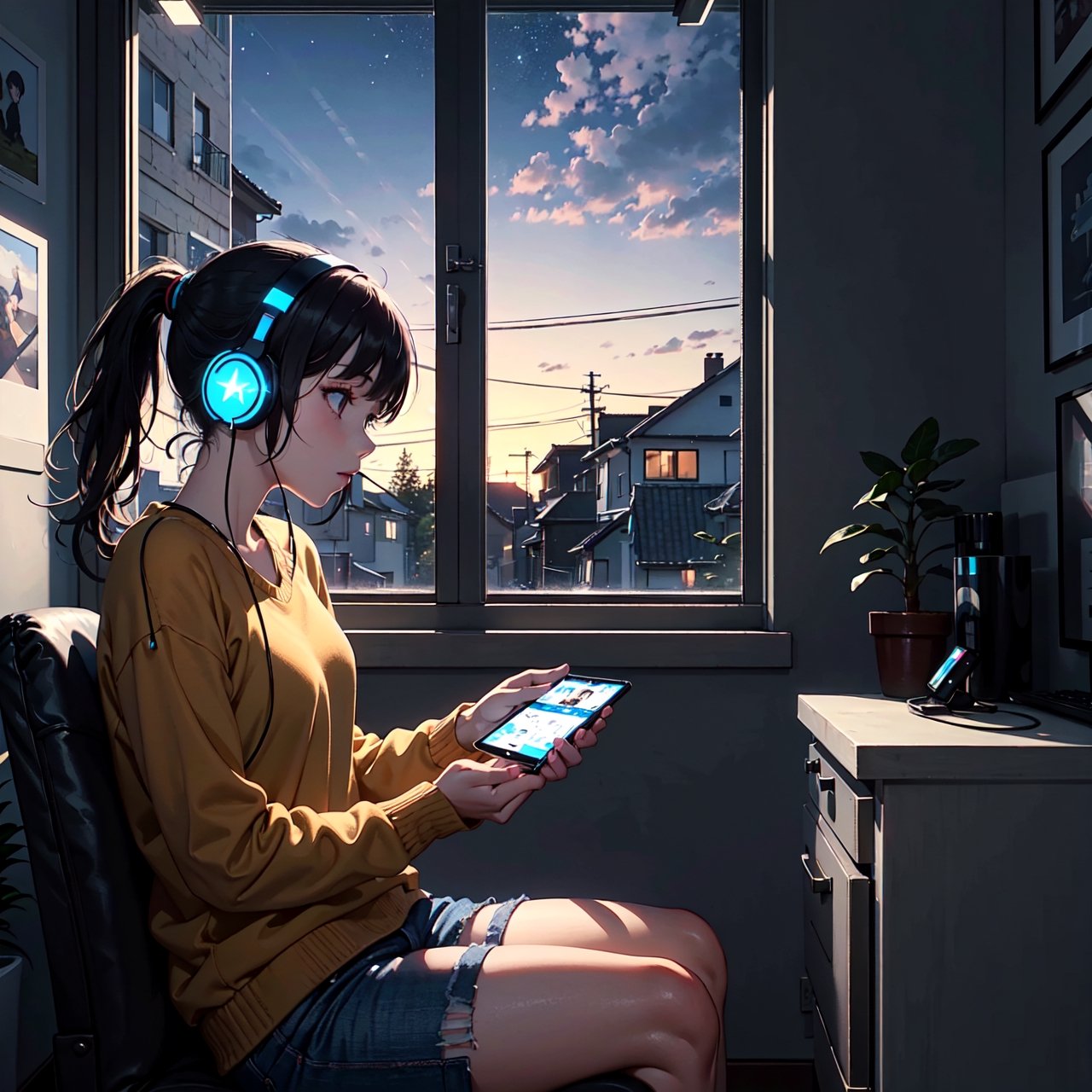 an indoor scene at dusk,with a deep blue sky and twinkling stars,a girl with a ponytail and a kitten sitting facing the window,looking outside.the girl is wearing headphones and listening to music,lofi,girl