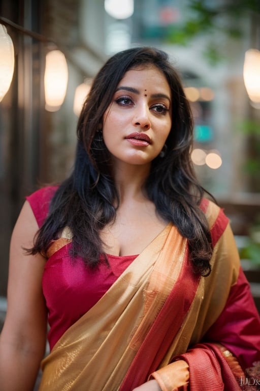 Candid Portrait of a chubby woman, saree, sleeveless, cleavage, very long curly hairs, long curly hairs,, shot with nikon 35 mm prime lens, f/1.8, bokkeh,, indoors, beautifully decorated, realism, volumetric lighting, (masterpiece:1.2), (insane quality:1.4), (flawless composition:1.5), (hdr:1.3) , professional photography, (Professional Color Grading), Edge Lighting,Dramatic lighting,Cinematic lighting,Lumen reflections, Soft natural lighting, Soft color, Photon mapping, Radiosity,