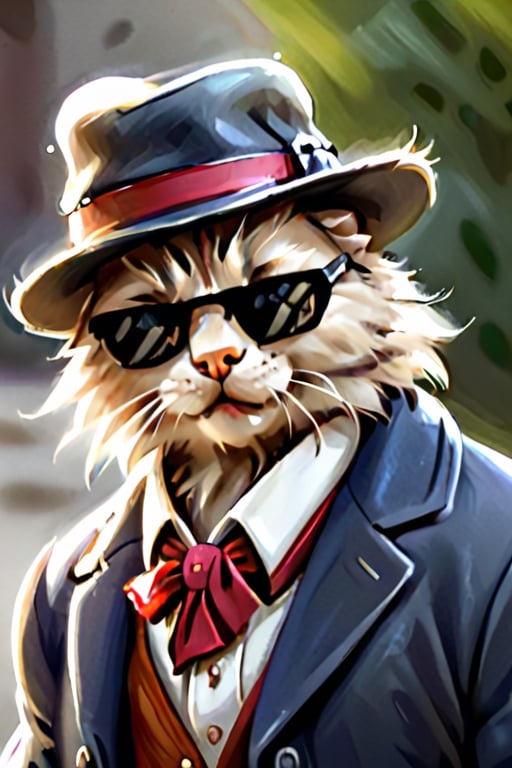 (masterpiece, best quality, highres:1.3), ultra resolution image, (solo), (cat:1.5), smug, confident, simple background, sunglasses, portrait, fluffy, cute,cat, no human,IncrsXLDealWithIt, playful, gentlemen hat, mischief, gentlemen suit, cigar in mouth