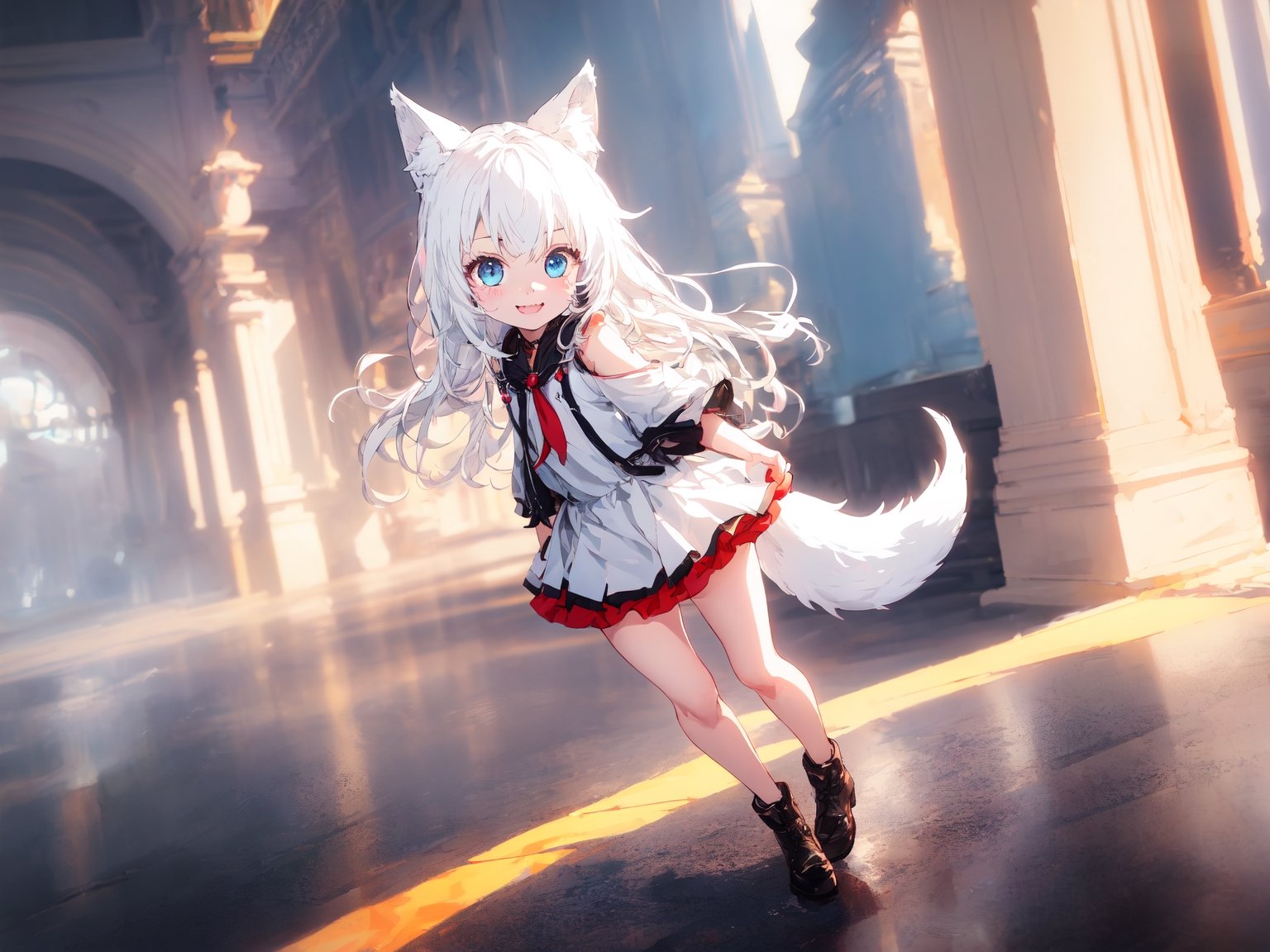 ultra epic HD, photorealistic, cinematic, (masterpiece, best quality:1.15), (1girl, solo, loli), wolf ears, perfect beautiful eyes, white hair, smile, ((full body)), (((cute, adorable))), 