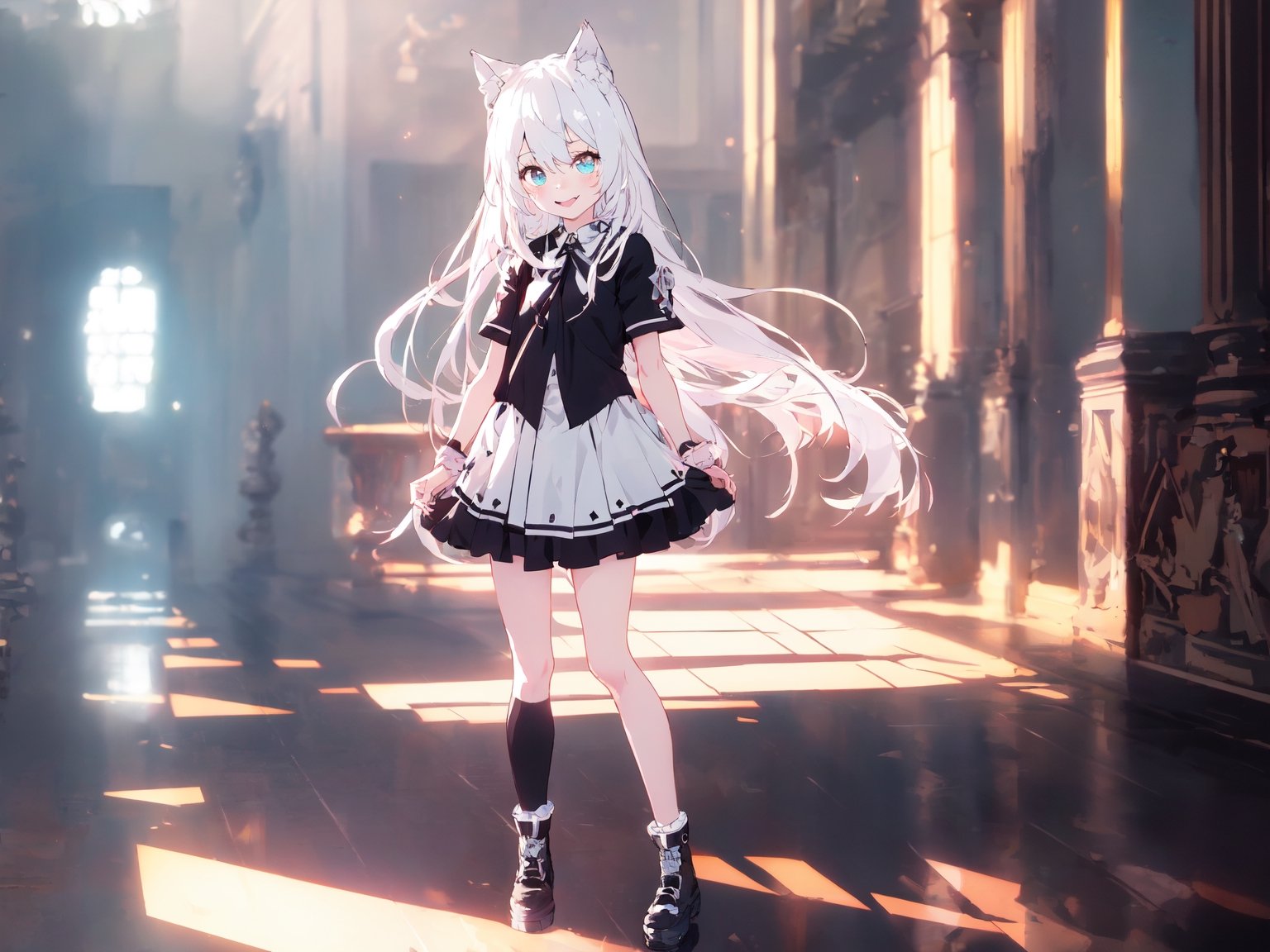 ultra epic HD, photorealistic, cinematic, (masterpiece, best quality:1.15), (1girl, solo, loli), wolf ears, perfect beautiful eyes, white hair, smile, ((full body)), (((cute, adorable))), 