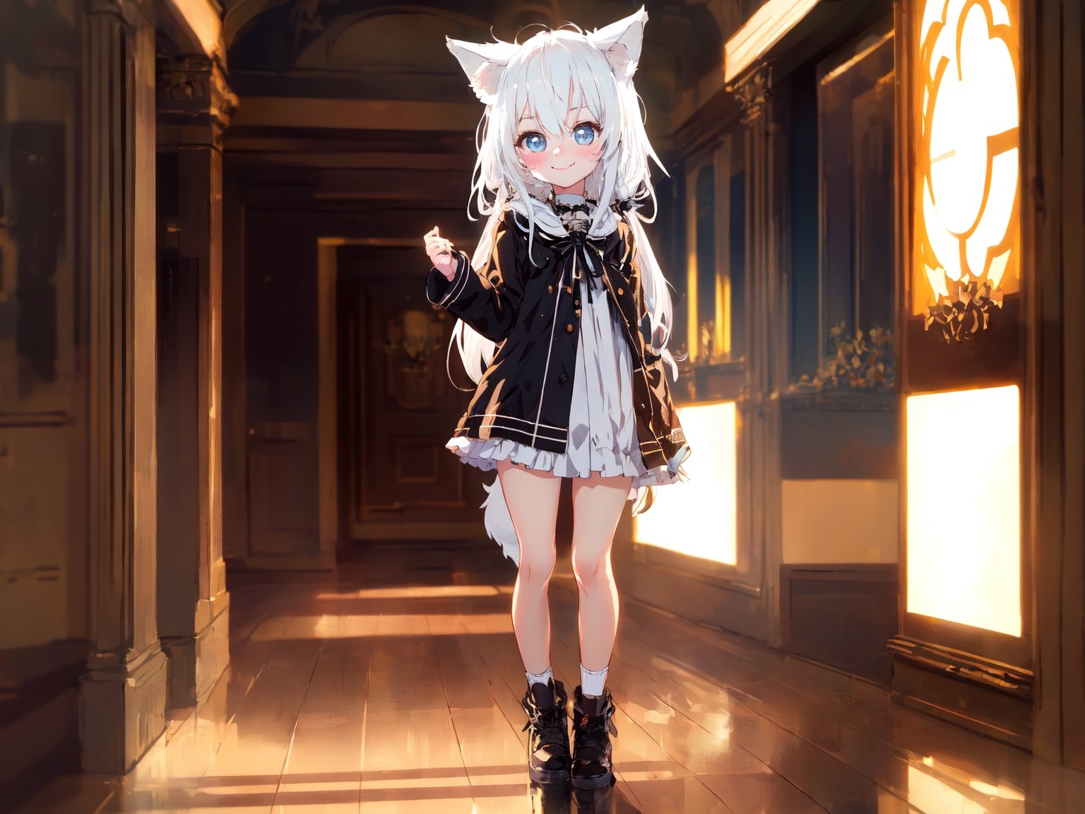 ultra epic HD, photorealistic, cinematic, (masterpiece, best quality:1.15), (1girl, solo, loli), wolf ears, perfect beautiful eyes, white hair, smile, ((full body)), (((cute, adorable))), 