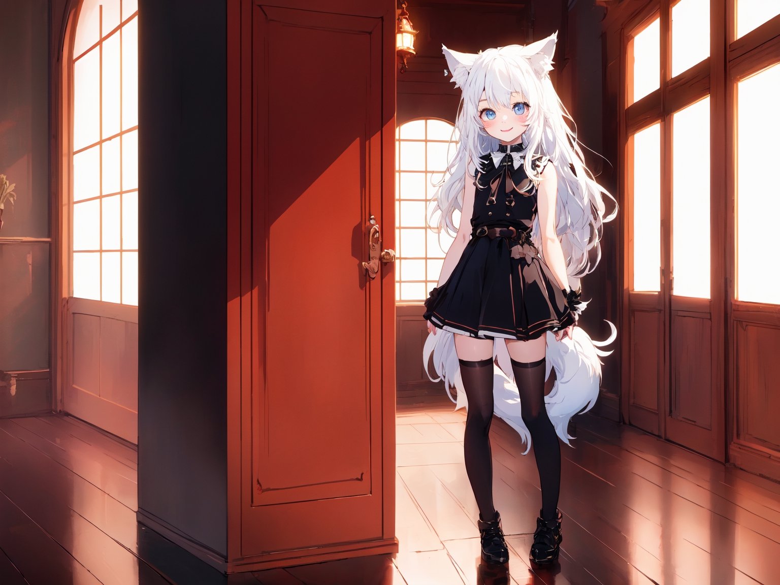 ultra epic HD, photorealistic, cinematic, (masterpiece, best quality:1.15), (1girl, solo, loli), wolf ears, perfect beautiful eyes, white hair, smile, ((full body)), (((cute, adorable))), 