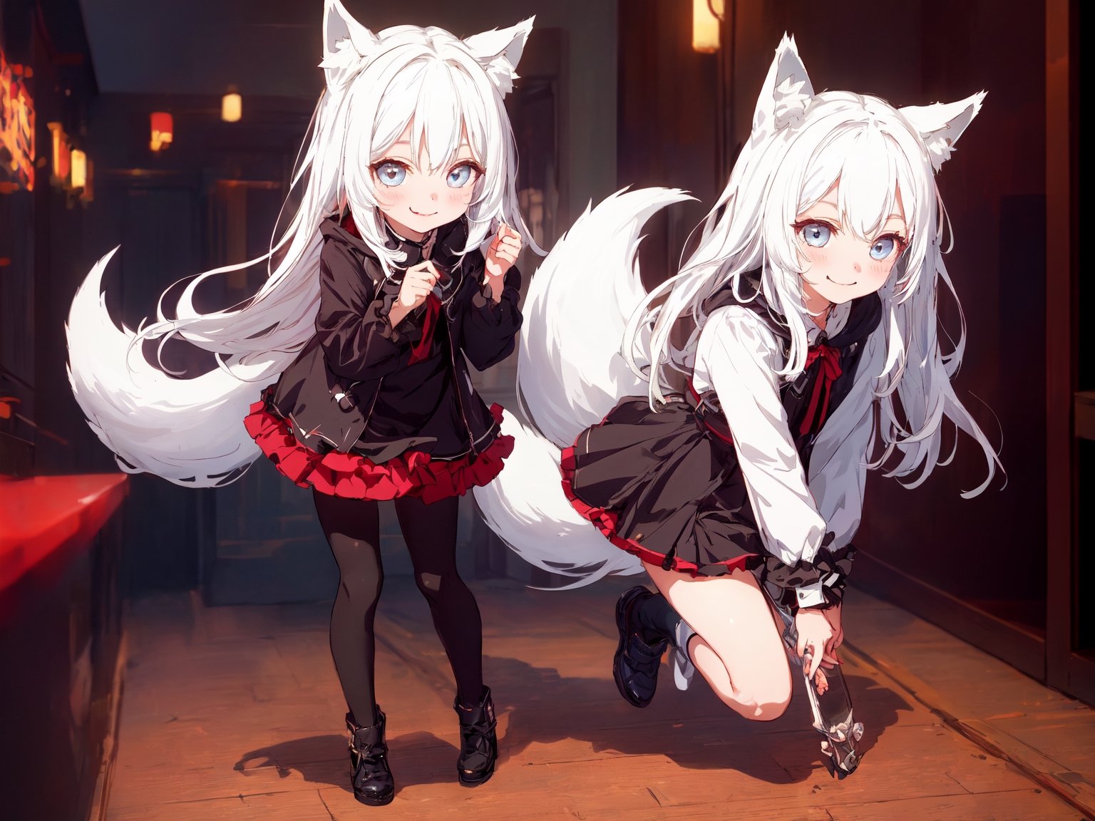 high detailed, photorealistic, cinematic, (masterpiece, best quality:1.15), (1girl, solo, loli), wolf ears, perfect beautiful eyes, white hair, smile, ((full body)), (((cute, adorable))), 