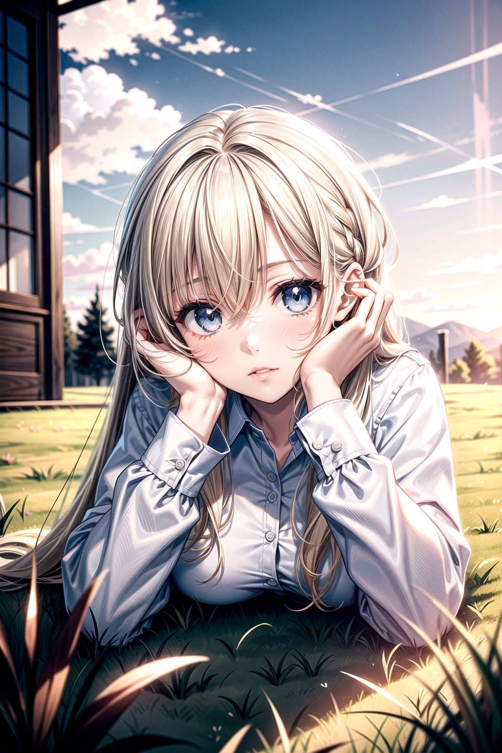 1girl, solo, long hair, looking at viewer, blue eyes, blonde hair, shirt, long sleeves, dress, closed mouth, white shirt, outdoors, lying, sky, day, cloud, blurry, lips, grey eyes, depth of field, grass, on stomach, hand on own face, sunset, head rest