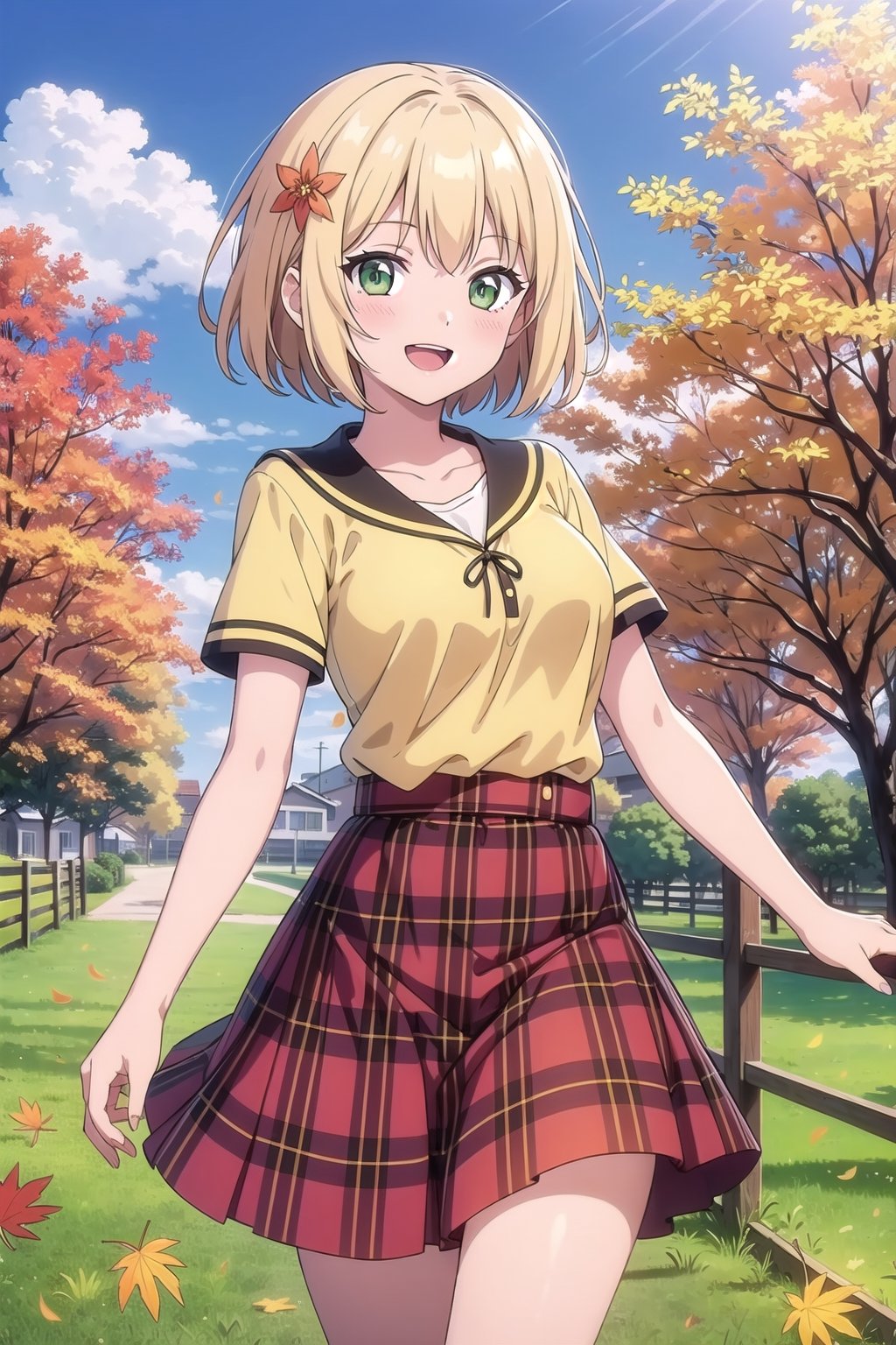 1girl, solo, breasts, looking at viewer, blush, smile, short hair, open mouth, skirt, shirt, hair ornament, green eyes, standing, collarbone, flower, short sleeves, :d, yellow hair, outdoors, sky, day, cloud, tree, blue sky, plaid, red skirt, plaid skirt, grass, curtains, long skirt, yellow shirt, fence, autumn leaves, field, autumn