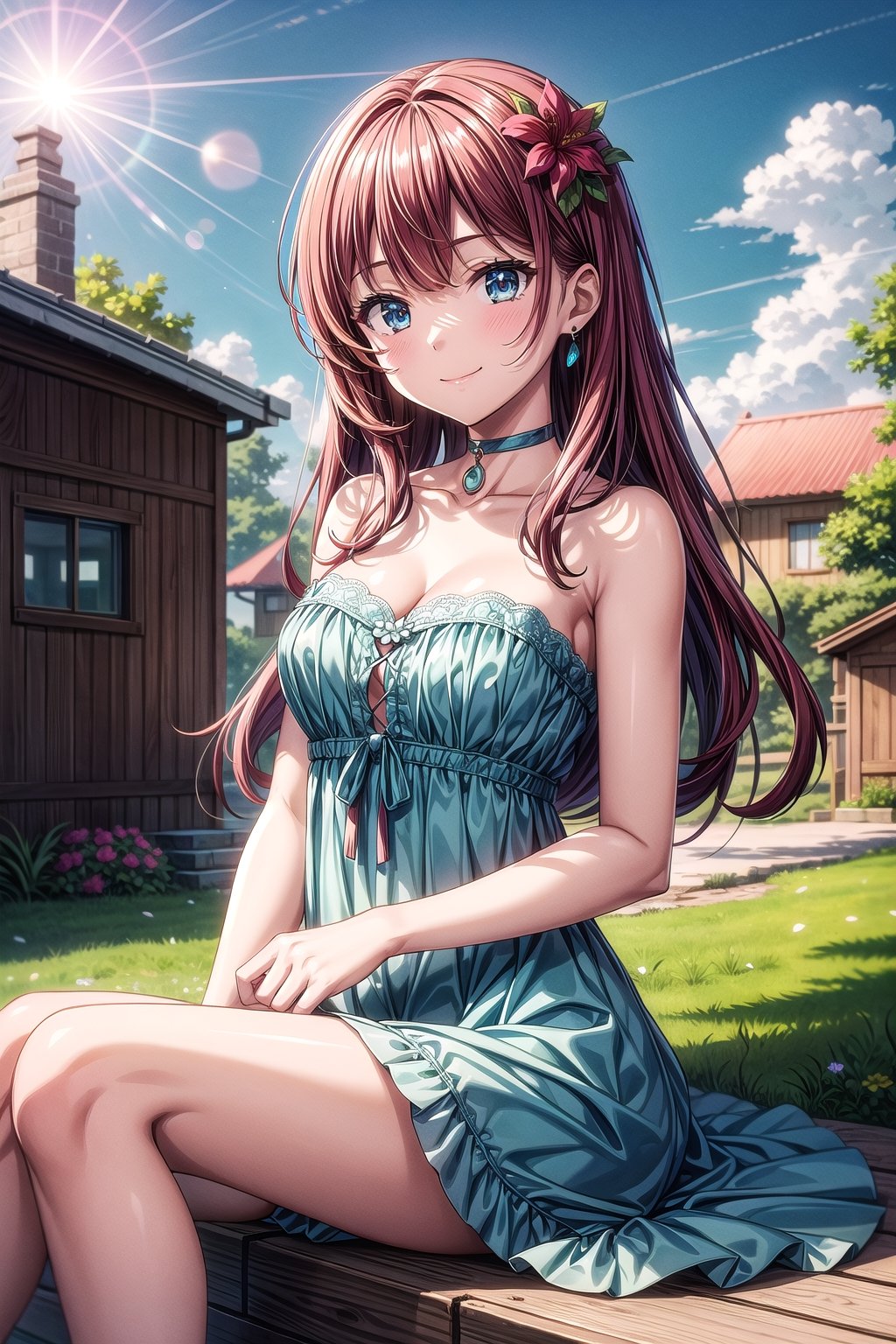 1girl, solo, long hair, breasts, looking at viewer, smile, bangs, blue eyes, hair ornament, dress, cleavage, bare shoulders, jewelry, medium breasts, sitting, closed mouth, collarbone, flower, red hair, earrings, choker, outdoors, hair flower, aqua eyes, plain, colorful flowers around, sky, sun reflection, cottages, strapless, blue dress, strapless dress, green dress, aqua dress