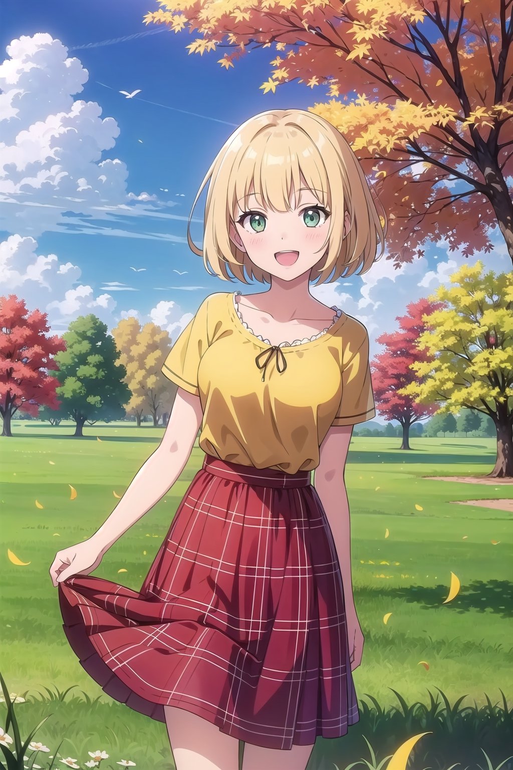 1girl, solo, breasts, looking at viewer, blush, smile, short hair, open mouth, skirt, shirt, hair ornament, green eyes, standing, collarbone, flower, short sleeves, :d, yellow hair, outdoors, sky, day, cloud, tree, blue sky, plaid, red skirt, plaid skirt, grass, curtains, long skirt, yellow shirt, fence, autumn leaves, field, autumn