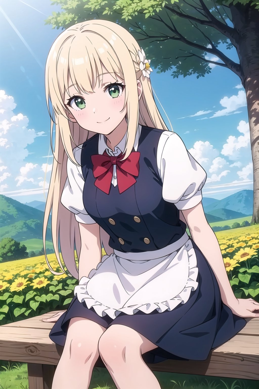 1girl, solo, long hair, breasts, looking at viewer, smile, bangs, skirt, blonde hair, shirt, bow, sitting, very long hair, closed mouth, green eyes, flower, short sleeves, outdoors, sky, day, puffy sleeves, cloud, bowtie, apron, vest, tree, blue sky, puffy short sleeves, nature, yellow bow, yellow flower