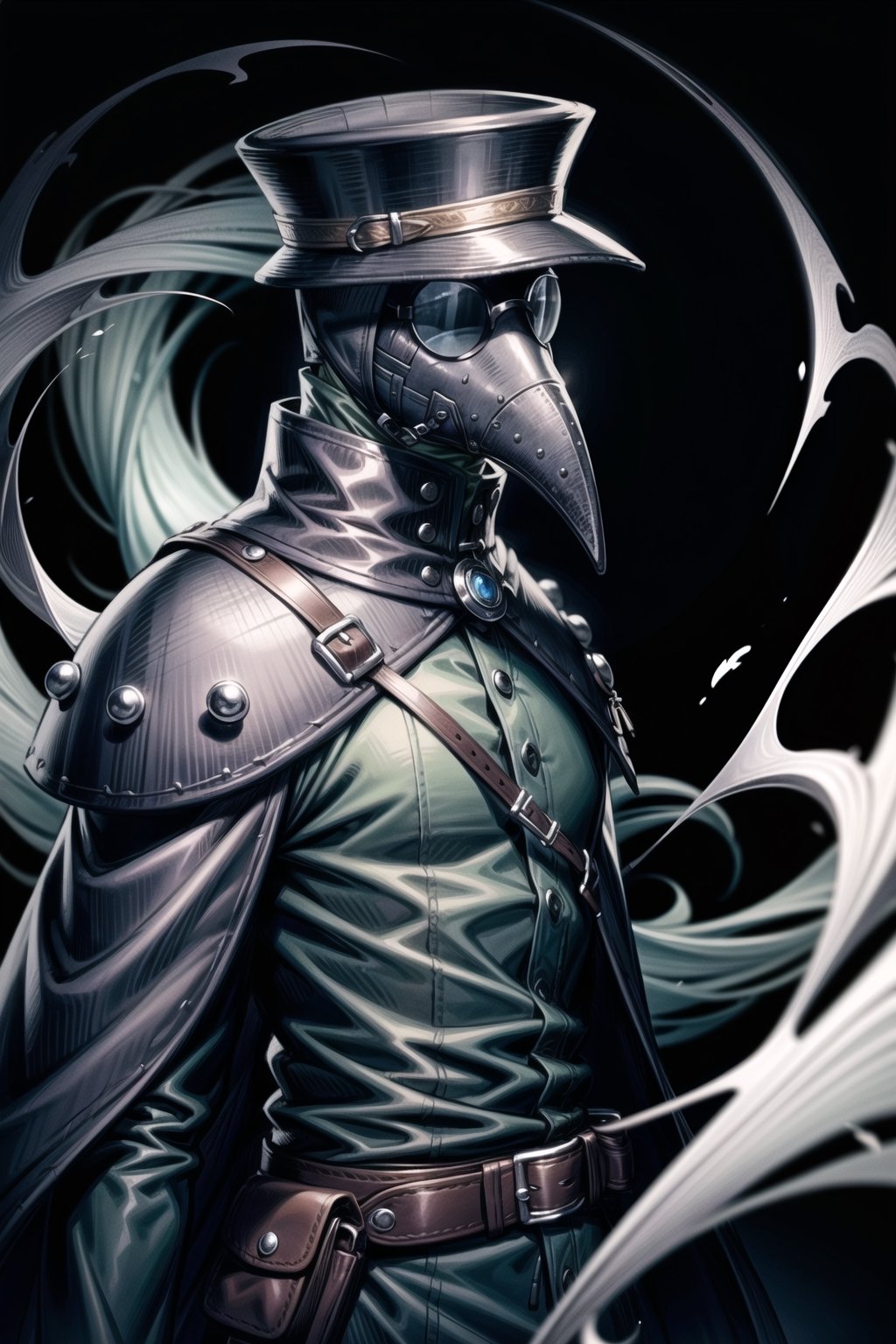 solo, 1boy, hat, upper body, male focus, coat, no humans, mask, black background, 1other,plague doctor