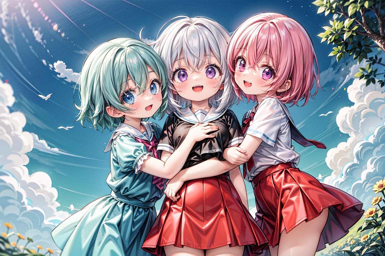 long hair, breasts, looking at viewer, blush, smile, short hair, open mouth, bangs, multiple girls, skirt, shirt, black hair, dress, hair between eyes, purple eyes, pink hair, white hair, short sleeves, :d, red hair, outdoors, sky, teeth, day, cloud, 3girls, blue dress, blue sky, hug, red skirt