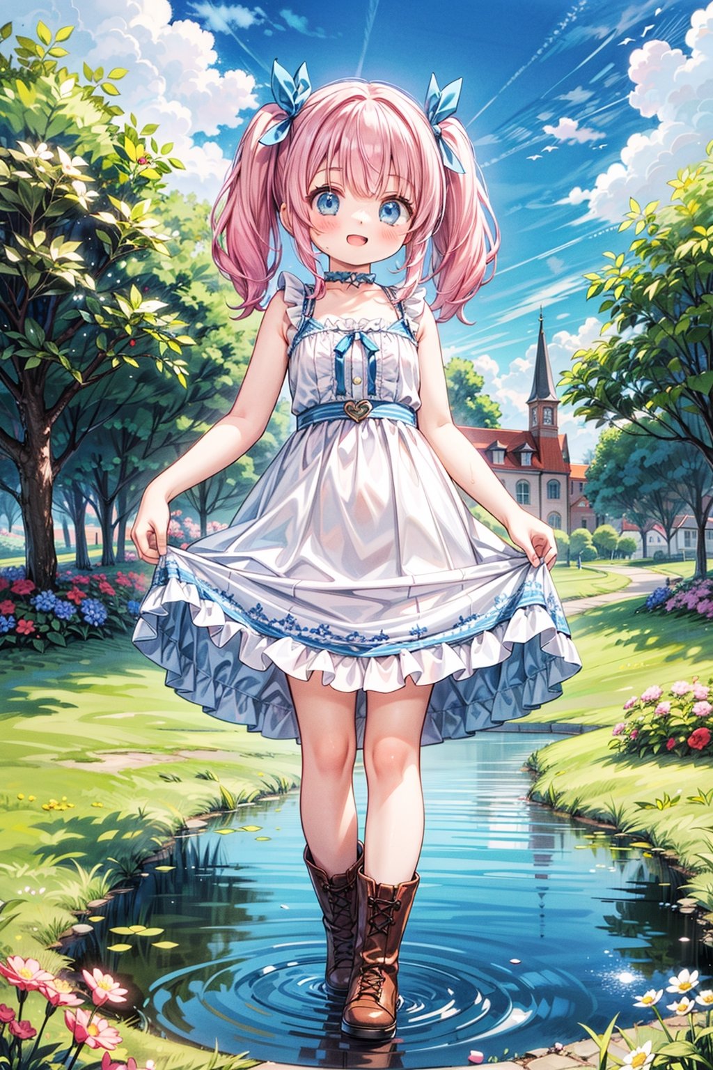 1girl, solo, breasts, looking at viewer, blush, smile, open mouth, bangs, blue eyes, dress, ribbon, twintails, standing, collarbone, full body, flower, :d, pink hair, small breasts, boots, outdoors, frills, sky, sleeveless, choker, day, cloud, water, white dress, tree, bare arms, sleeveless dress, brown footwear, frilled dress, grass, blue ribbon, building, reflection, skirt hold, ripples, pond