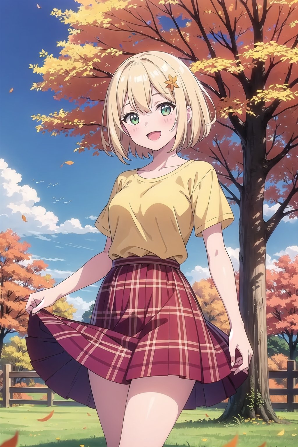 1girl, solo, breasts, looking at viewer, blush, smile, short hair, open mouth, skirt, shirt, hair ornament, green eyes, standing, collarbone, flower, short sleeves, :d, yellow hair, outdoors, sky, day, cloud, tree, blue sky, plaid, red skirt, plaid skirt, grass, curtains, long skirt, yellow shirt, fence, autumn leaves, field, autumn