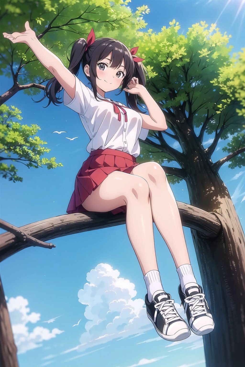 1girl, solo, breasts, looking at viewer, blush, smile, bangs, skirt, shirt, black hair, ribbon, twintails, sitting, closed mouth, full body, white shirt, ass, short sleeves, thighs, pleated skirt, outdoors, sky, shoes, day, socks, cloud, miniskirt, black eyes, arm up, tree, blue sky, red skirt, from below, red dress, sneakers, branch, shoe soles, convenient leg, in tree, sitting in tree