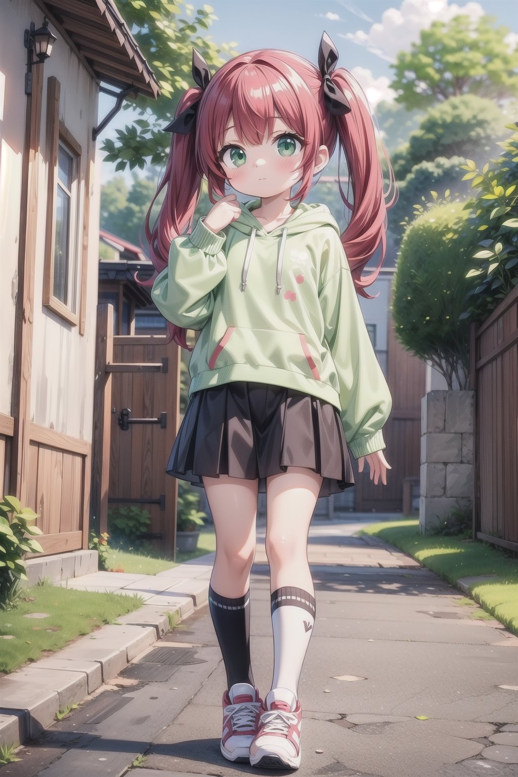 1girl, solo, long hair, looking at viewer, blush, bangs, skirt, long sleeves, ribbon, twintails, closed mouth, standing, full body, hair ribbon, red hair, outdoors, shoes, socks, puffy sleeves, hand up, hood, green eyes, kneehighs, hoodie, hood down, white socks, sneakers, puffy long sleeves, door, drawstring,pastelbg