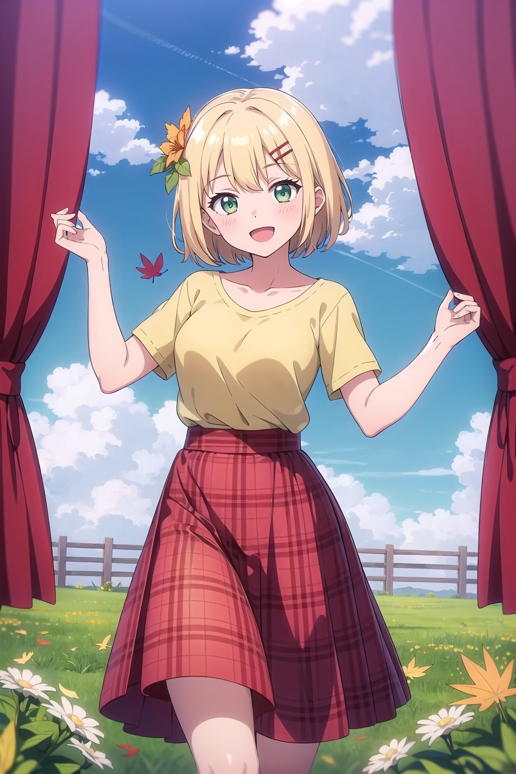 1girl, solo, breasts, looking at viewer, blush, smile, short hair, open mouth, skirt, shirt, hair ornament, green eyes, standing, collarbone, flower, short sleeves, :d, yellow hair, outdoors, sky, day, cloud, tree, blue sky, plaid, red skirt, plaid skirt, grass, curtains, long skirt, yellow shirt, fence, autumn leaves, field, autumn