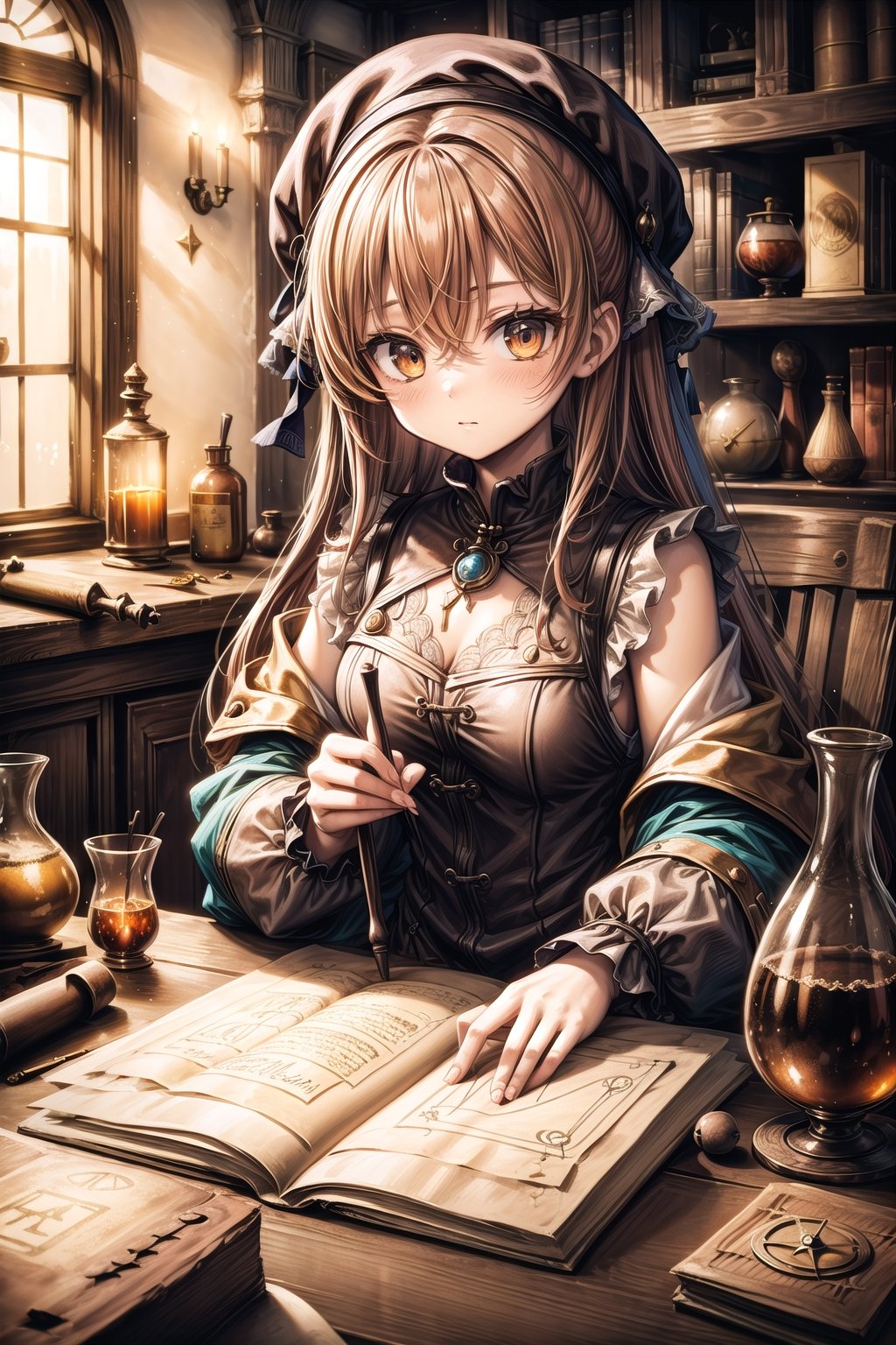 A girl alchemist with orange hair,renaissance_alchemist_studio