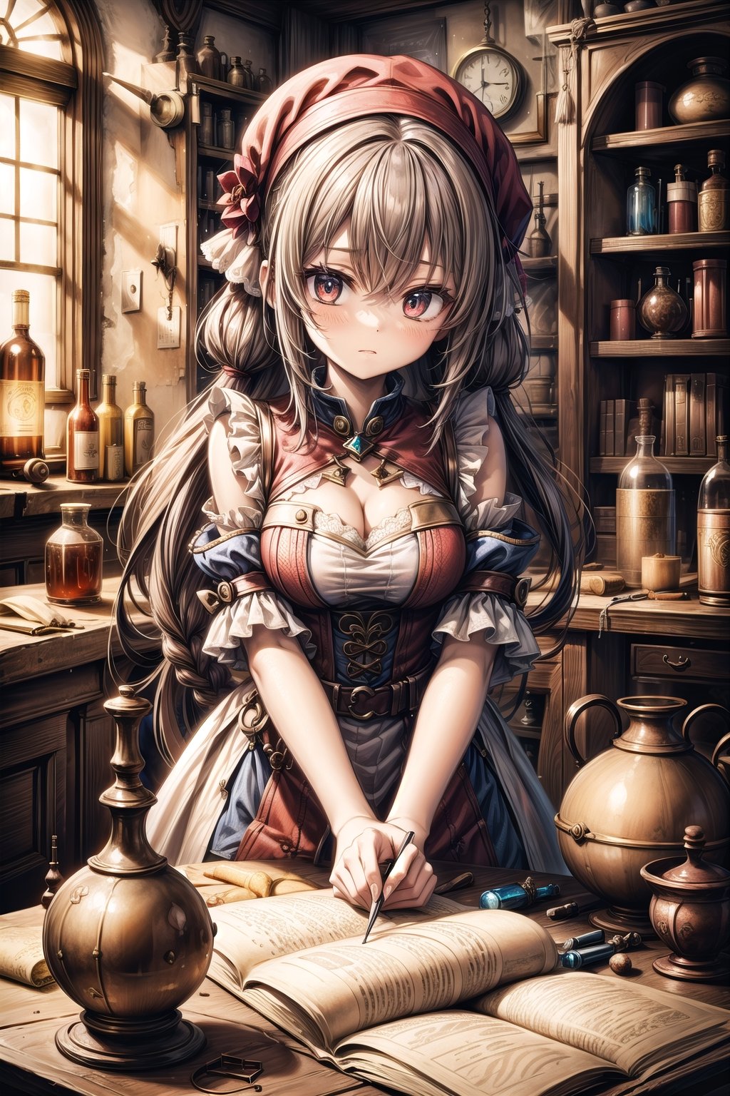 A girl alchemist with red braided hair,renaissance_alchemist_studio