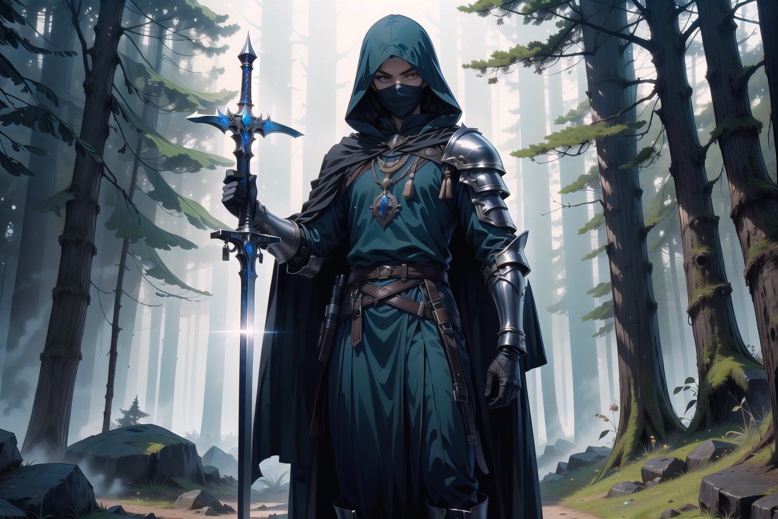solo, 1assassin, holding, standing, weapon, male focus, without a face, outdoors, sword, hood, cape, full black face, holding weapon, armor, tree, holding sword, gauntlets, nature, scenery, cloak, hood up, forest, rock,Dark fantasy v2