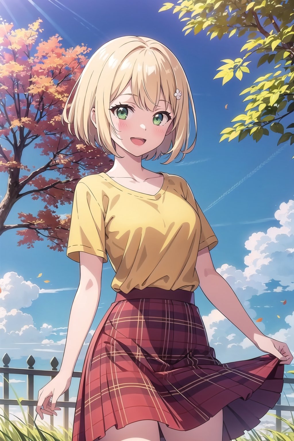 1girl, solo, breasts, looking at viewer, blush, smile, short hair, open mouth, skirt, shirt, hair ornament, green eyes, standing, collarbone, flower, short sleeves, :d, yellow hair, outdoors, sky, day, cloud, tree, blue sky, plaid, red skirt, plaid skirt, grass, curtains, long skirt, yellow shirt, fence, autumn leaves, field, autumn