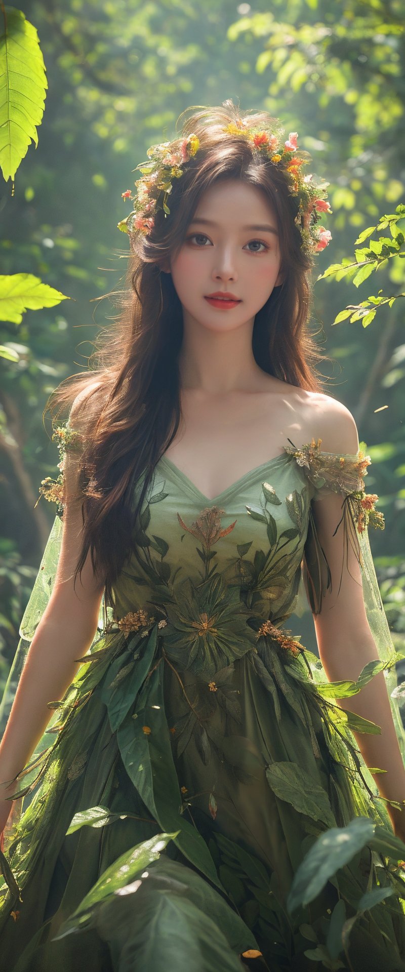 (Fairy in the forest:1.2), very delicate and soft lighting, details, Ultra HD, 8k, animated movie, (soft leaf dress:1.2), wide and beautiful green forest, meadow full of flowers and birds, sunlight shining through the leaves, bright and clear picture quality, povpinch,spitroast,mandara_art,Animal,