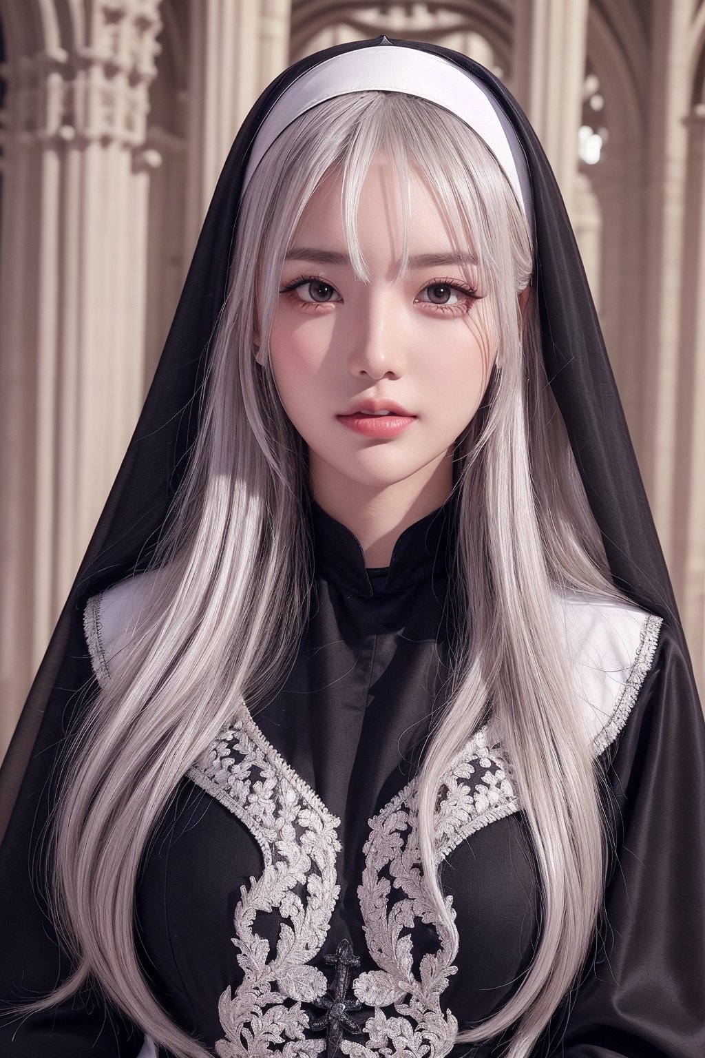 ultra realistic 8k cg, masterpiece, ultra detailed background, delicate pattern, intricate detail, standing, formal, smile, nun, very long hair, white hair, looking at viewer, (wearing black nun clothes:1.2), own hands clasped, PERFECT BODY, Cologne Cathedral, beautiful detailed eyes, looking at the viewer, from front, 1girl, dynamic pose, dynamic view, 