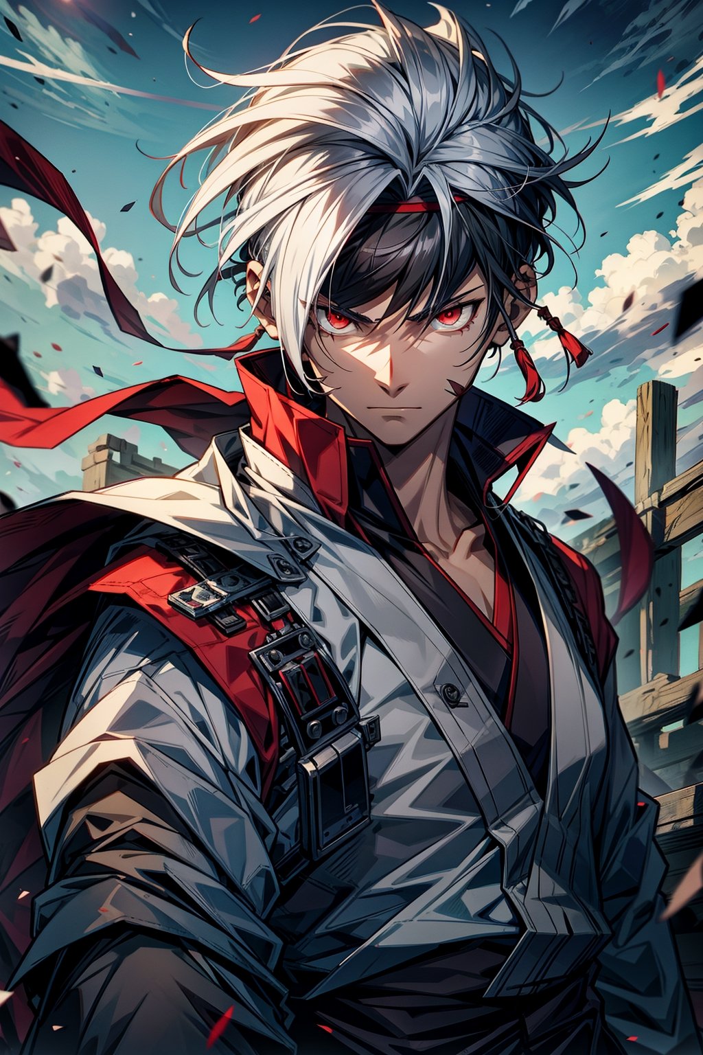 The Last Airbender anime style, Male, 20 years old, mature, adult, cool male character, slender, short white hair, wild cool bowl-cut, metal headband with short metal oni horns on it, red evil eyes, neck and mouth covered by messy white bandages, cool elegant violent and black traditional japanese clothes with long sleeve on the right and sleeveless on the left, white bandages around left arm, neutral background