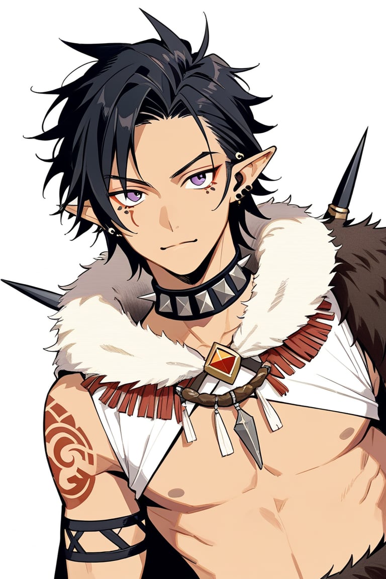 anime masterpiece, face portrait, 35 year old, cool male character, feral, slim and athletic, short messy spiky black hair, tan skin, short pointy ears, pale violet eyes, white body tribal tattoos, cool elaborate feral primitive barbarian-like outfit, pelt shirt, black pelt as waist cover, jade and bone jewels, aboriginal piercings, alert expression, neutral background, drawn in the style of masashi kishimoto