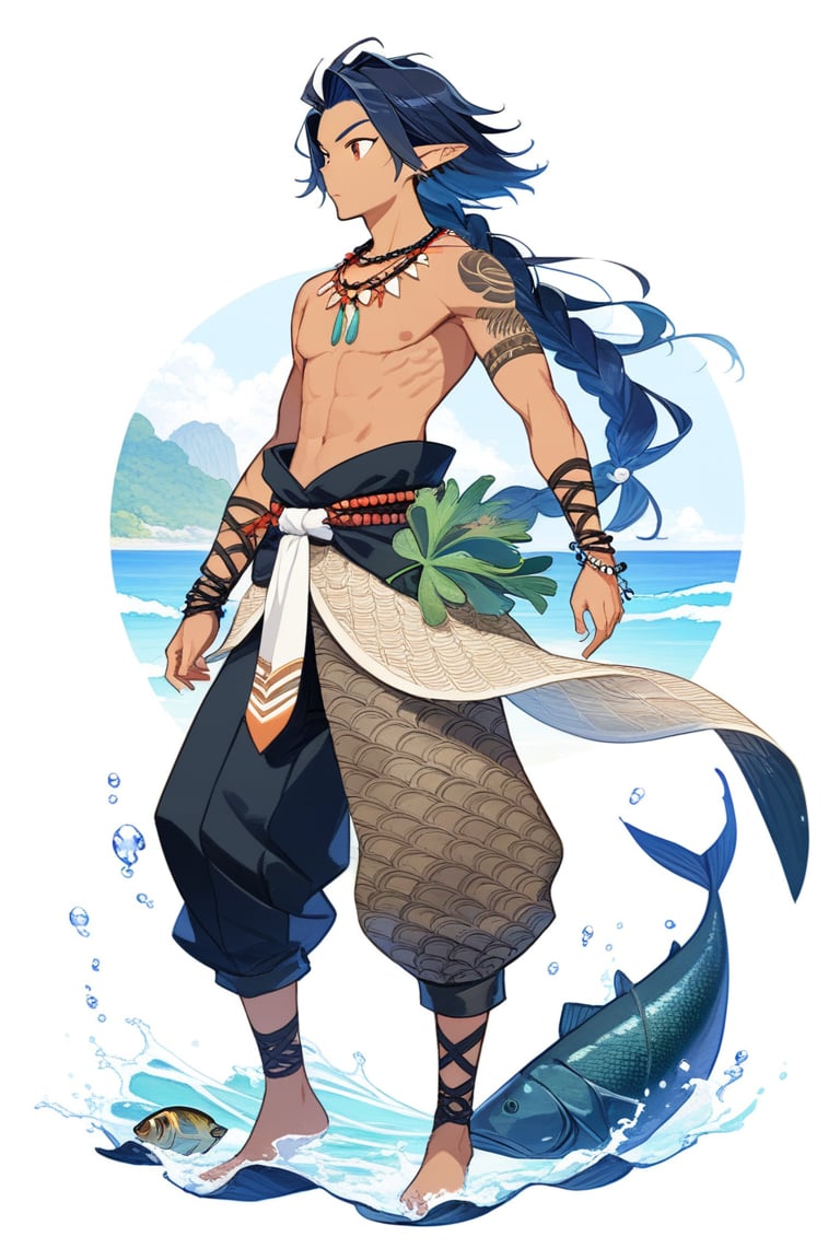 anime masterpiece, a 30 year old, mature, adult, cool male character, seaweed-like hair, short, skinny, fish-like, tan skin, short pointy ears, fish-like eyes, cool elaborate fish-like primitive barbarian-like clothes, shellfish clothes, hemp clothes, seaweed clothes, fishscale clothes, thick fishnet clothes, thatch clothes, pants, shellfish and seaweed and fishbone decorations, sea-inspired waist girdle, Polynesian-inspired fashion, white body tribal scale-like tattoos, necklaces of shells and sea stones, fishbone jewels, neutral background, drawn in the style of masashi kishimoto