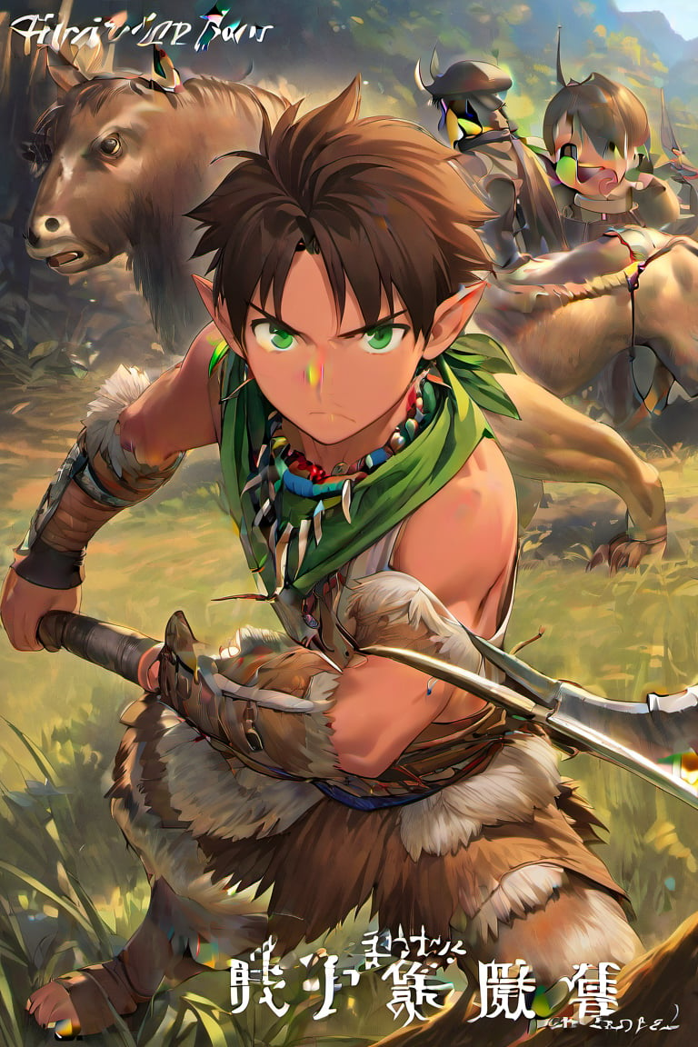 anime masterpiece, a 12 year-old boy barbarian warrior, cool pose, tan skin, brown hair, dark green bandana, scruffy hair, deep green eyes, pointy ears, primitive tribal furry ochre tanktop, feral necklaces of jade and bones, primitive jade earring, barbarian, feral, slim and athletic body, serious and determined expression, drawn in the style of masashi kishimoto