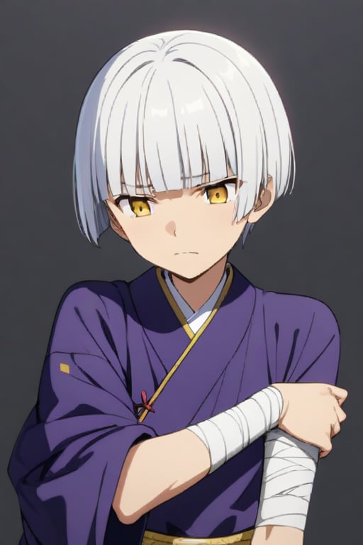 anime masterpiece, 13 year old, cool male character, short white hair, bowl-cut hairdo, yellow eyes, cool blue and dark purple long-sleeved traditional japanese robe, slim body, shy expression, left hand and arm wrapped in white bandage, neutral background, drawn in the style of masashi kishimoto